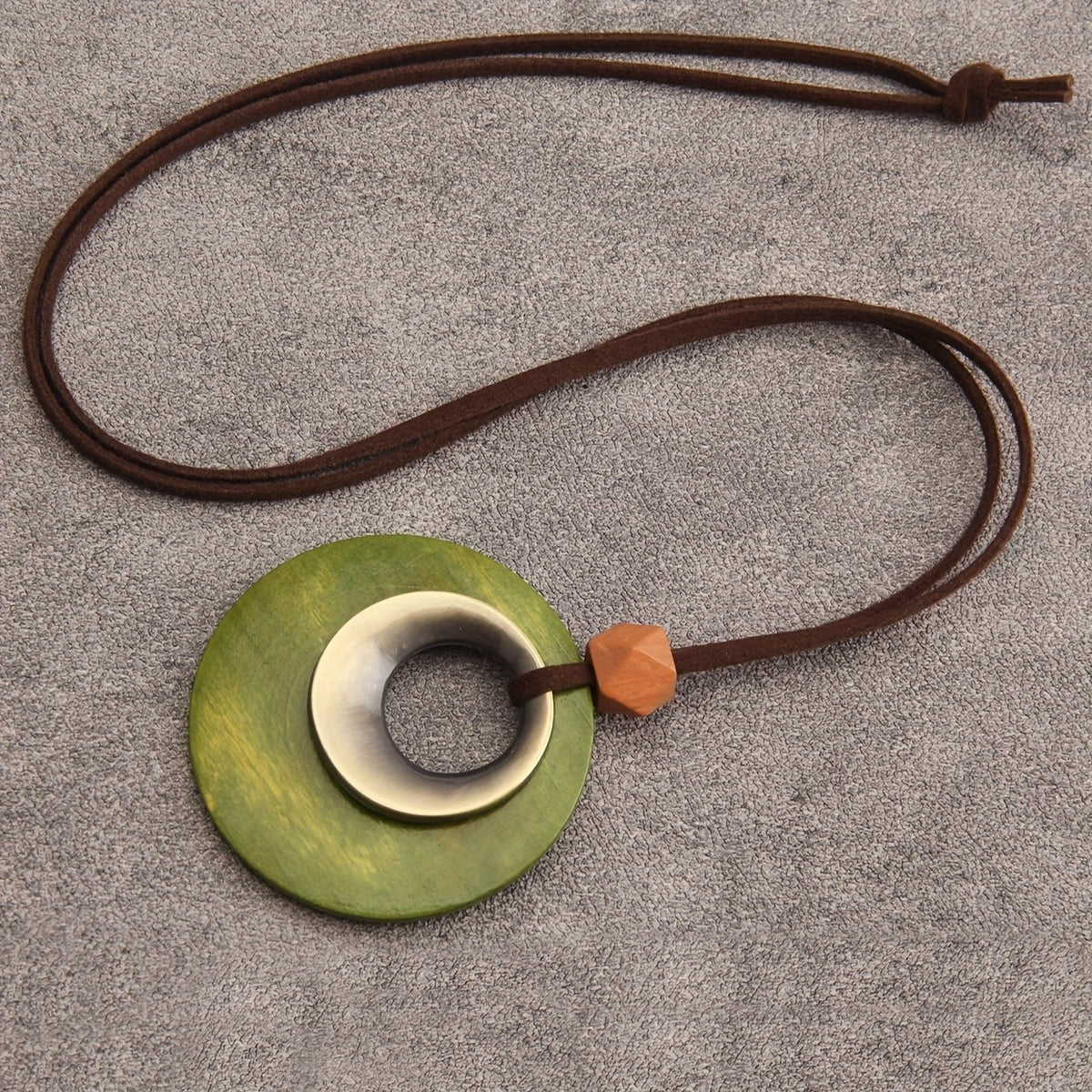 Wood Disc & Metal Hoop Pendant Necklace