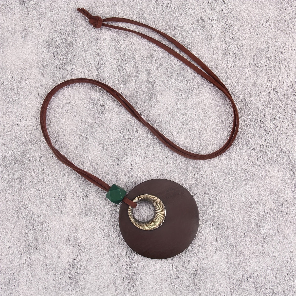 Wood Disc & Metal Hoop Pendant Necklace