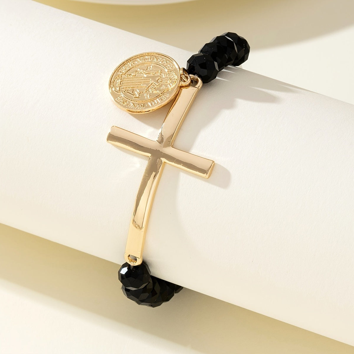 Cross & Coin Glass Bead Bracelet