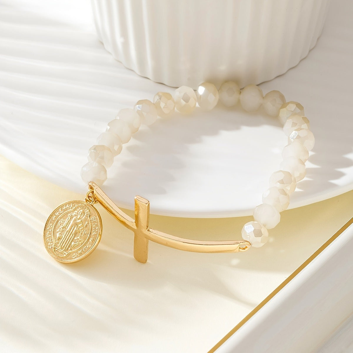 Cross & Coin Glass Bead Bracelet
