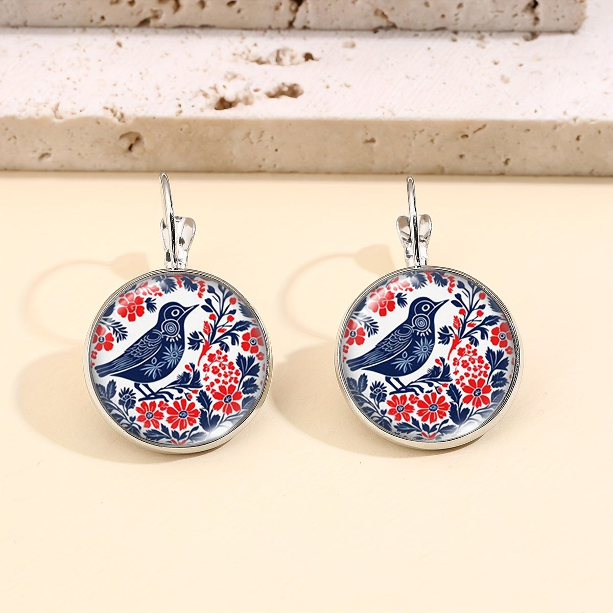Blue Bird Floral Round Drop Earrings