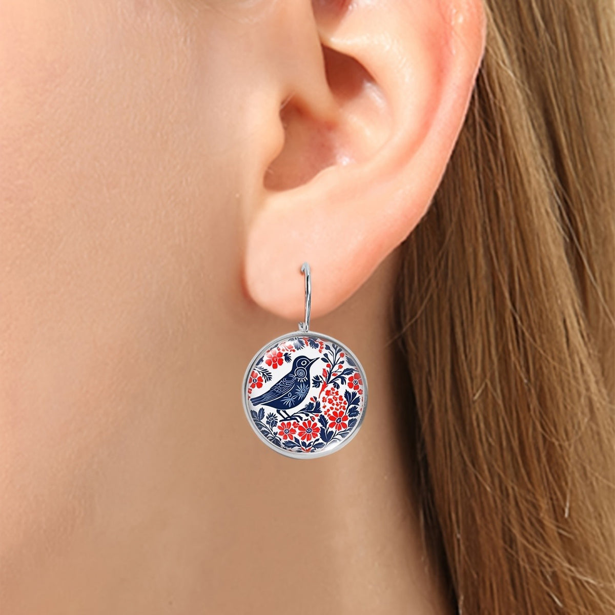 Blue Bird Floral Round Drop Earrings