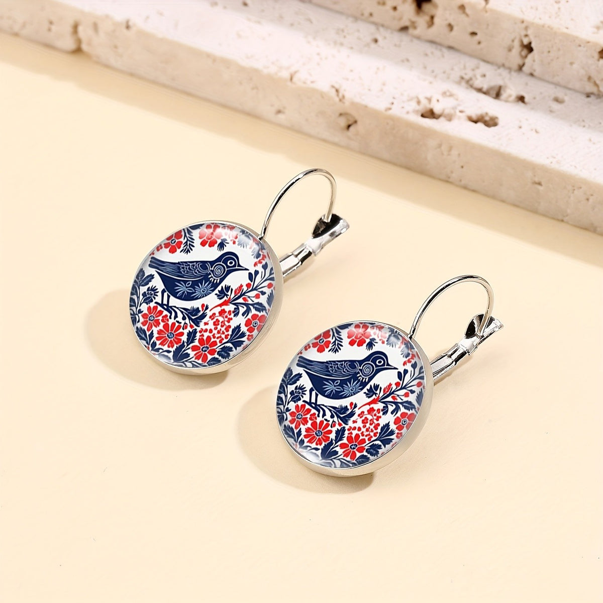 Blue Bird Floral Round Drop Earrings
