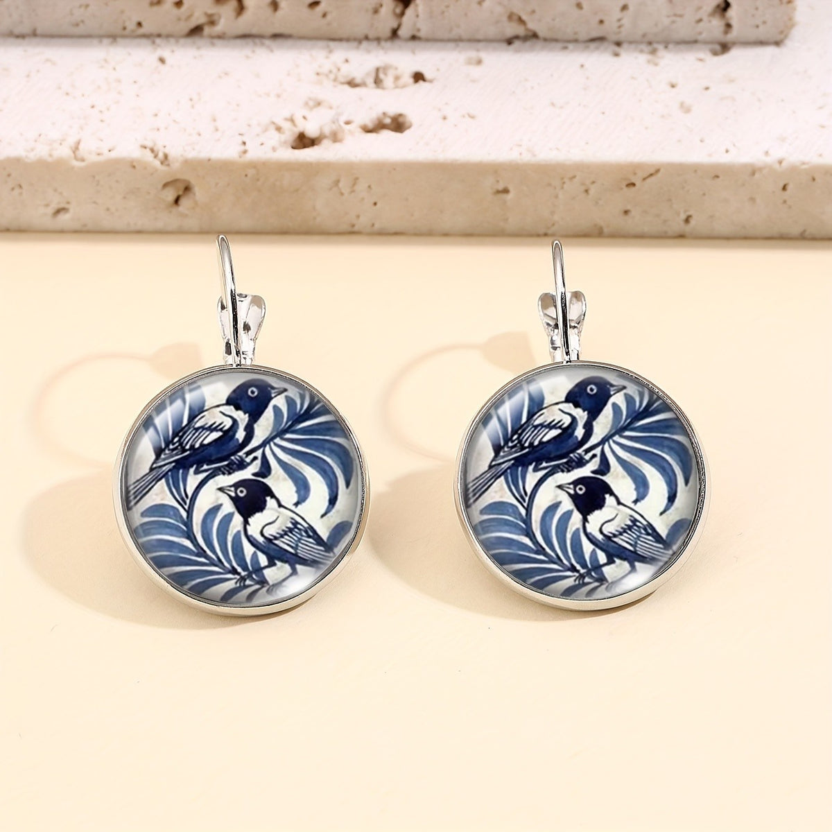 Blue Bird & Floral Leverback Earrings