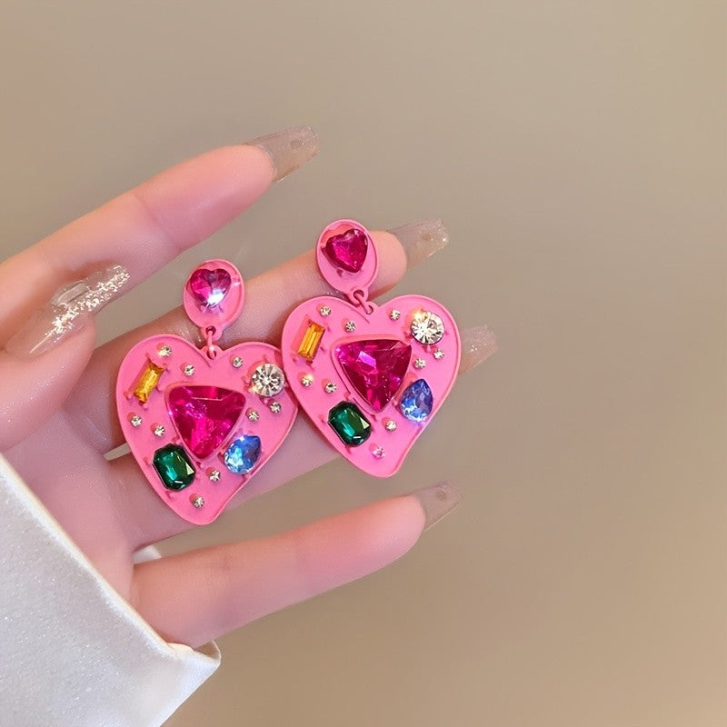 Pink Gemstone Heart Drop Earrings