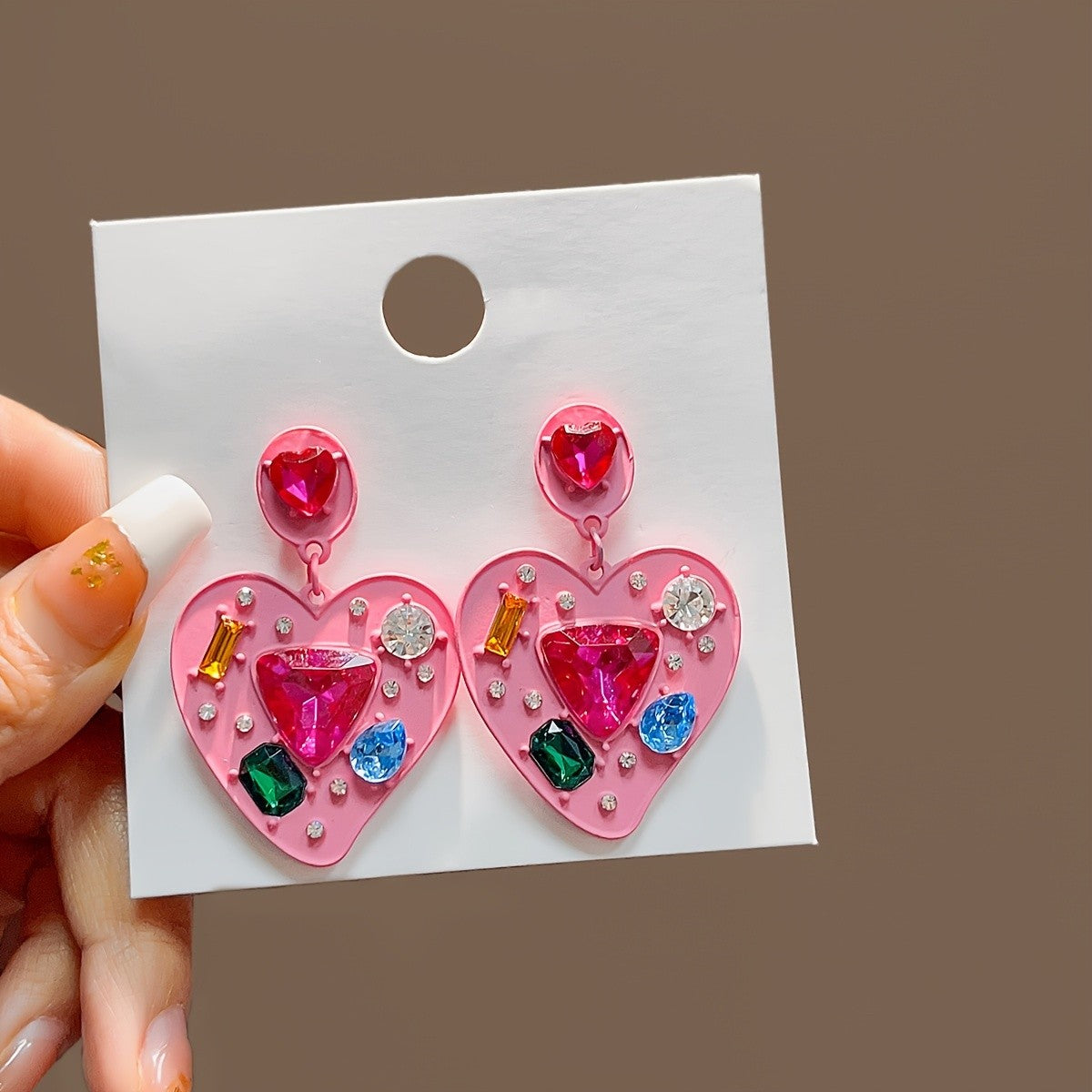 Pink Gemstone Heart Drop Earrings