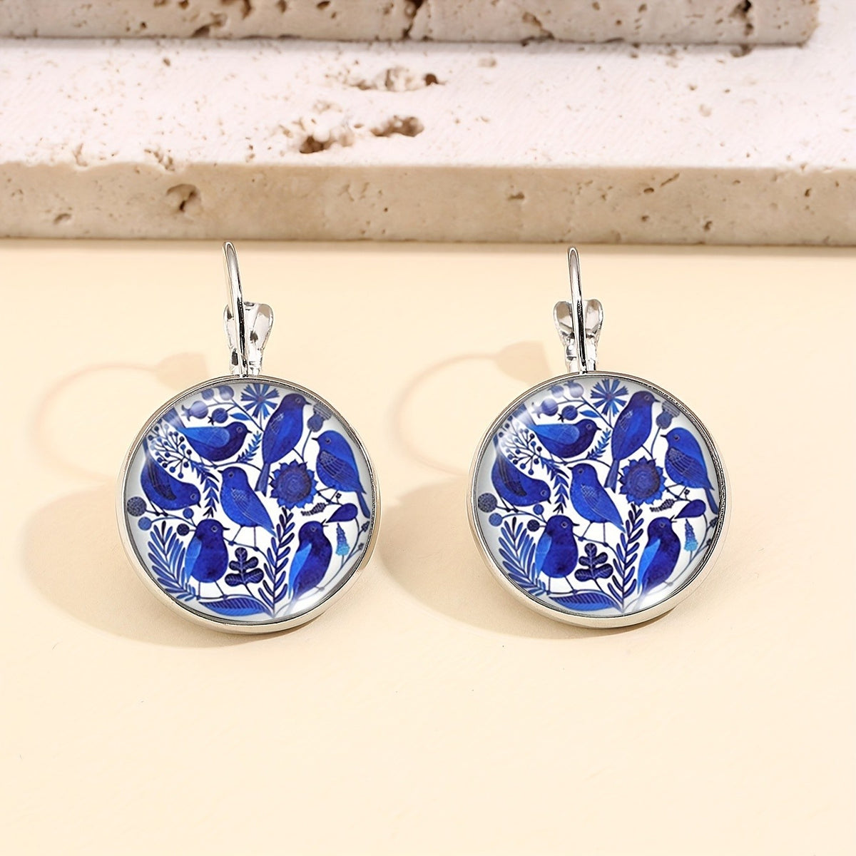 Blue Bird & Botanical Round Drop Earrings