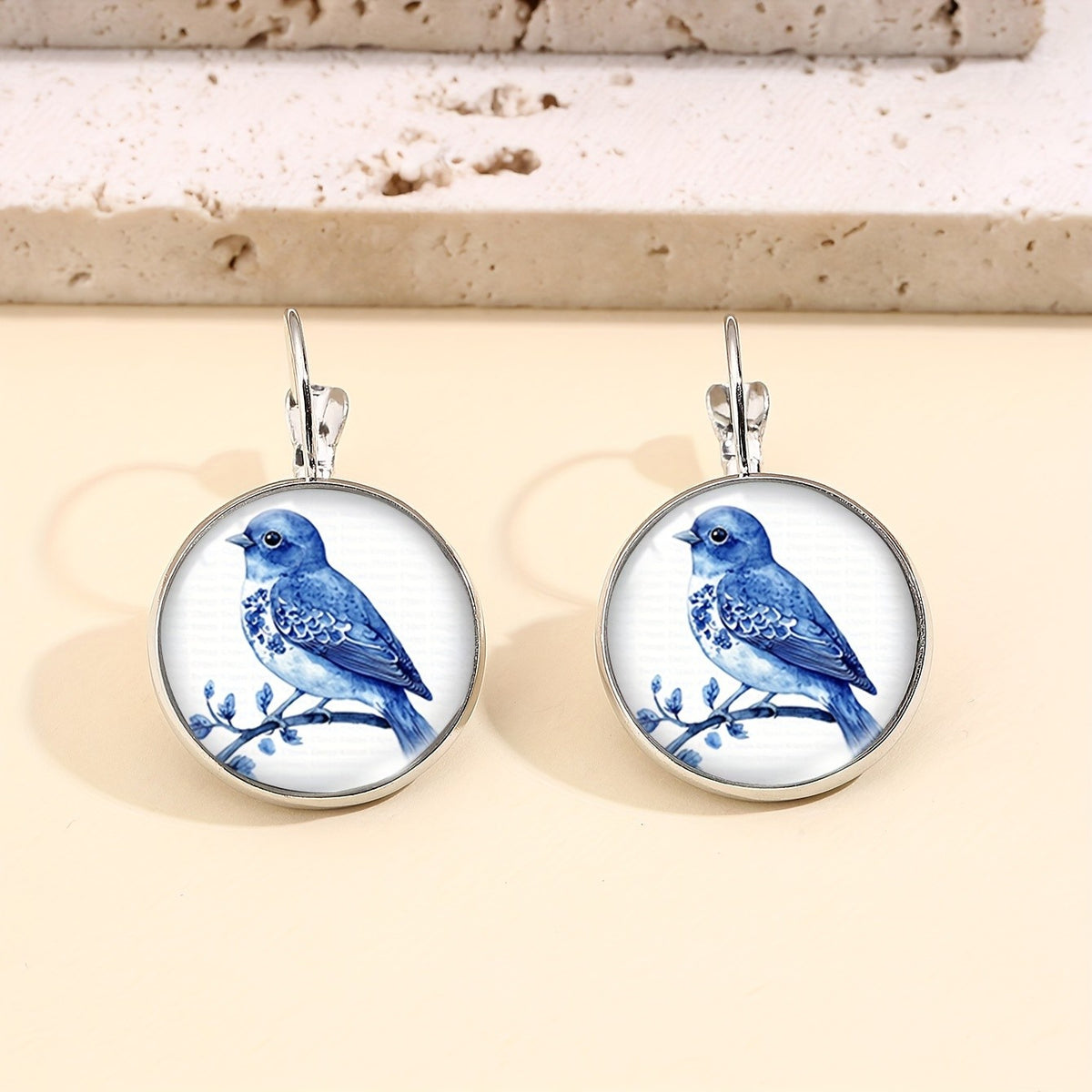 Blue Bird & Botanical Round Drop Earrings