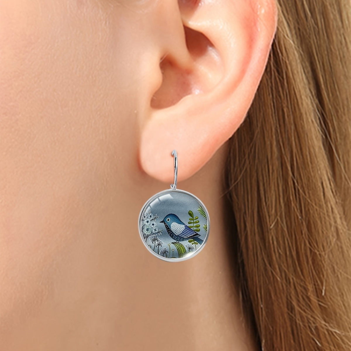 Blue Bird & Botanical Round Drop Earrings