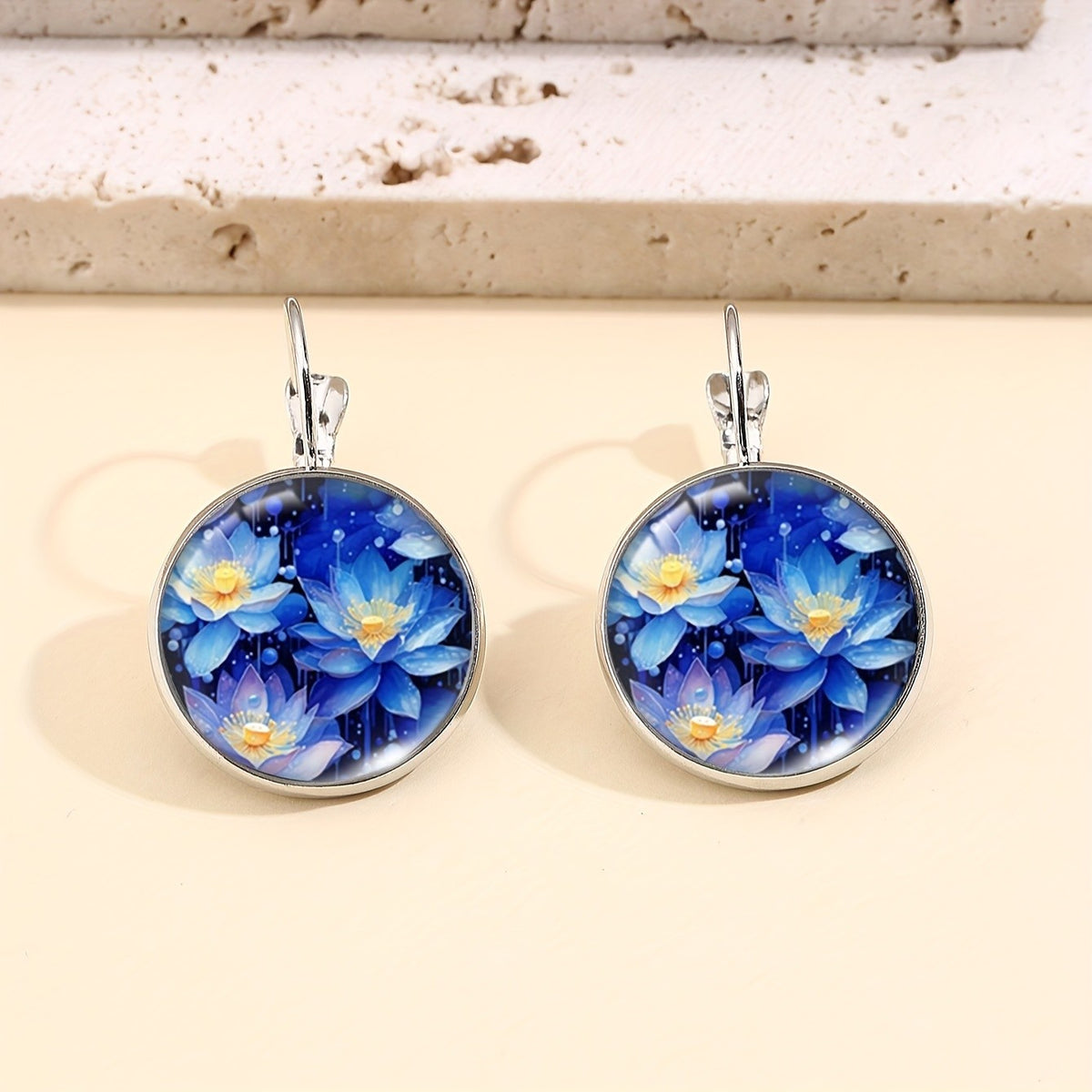 Blue Lotus Round Drop Earrings