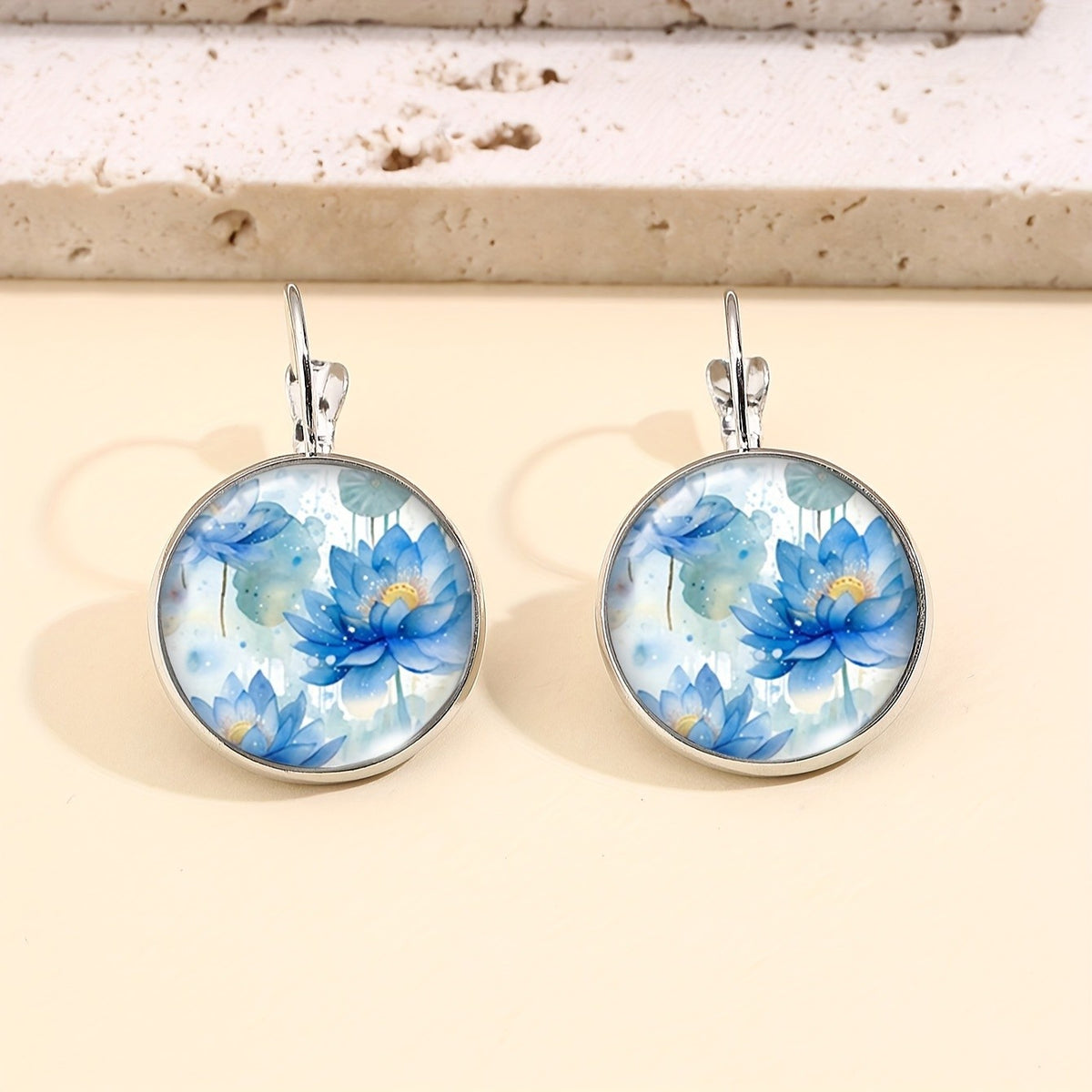 Blue Lotus Round Drop Earrings