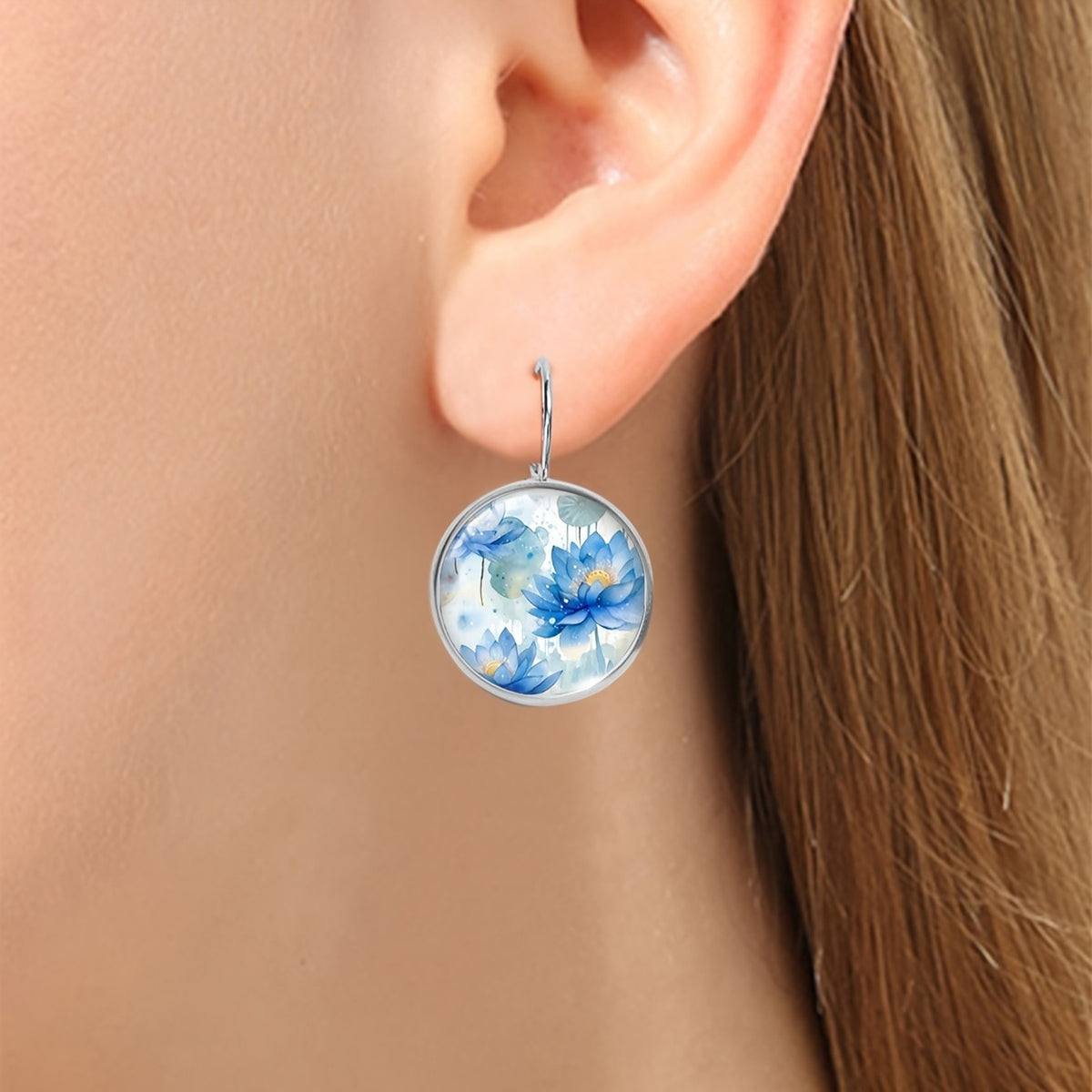 Blue Lotus Round Drop Earrings