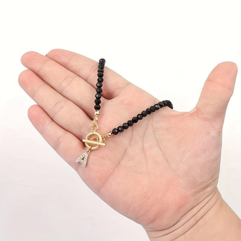 Black Bead Crystal Initial Necklace