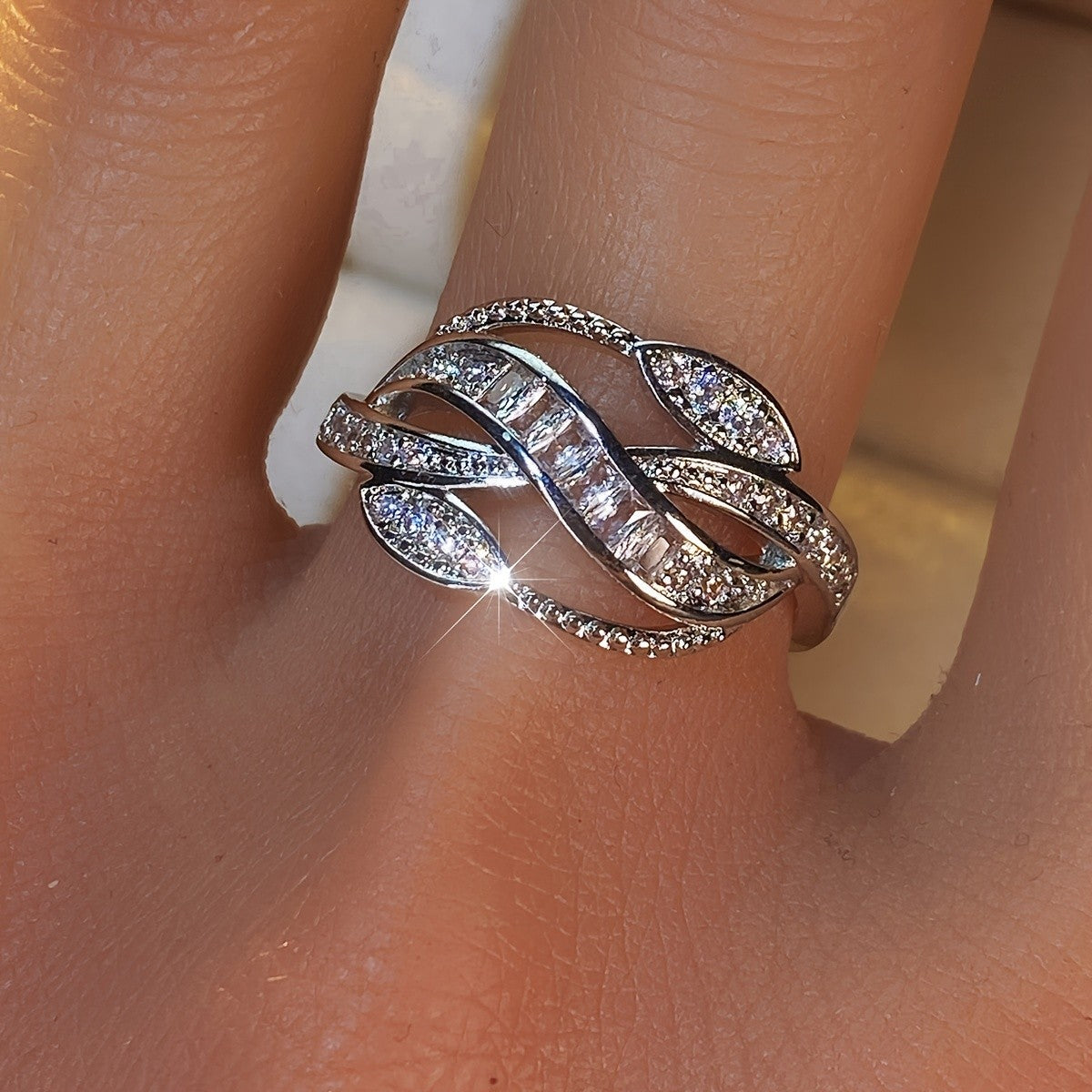 Intertwined Leaf Crystal Ring