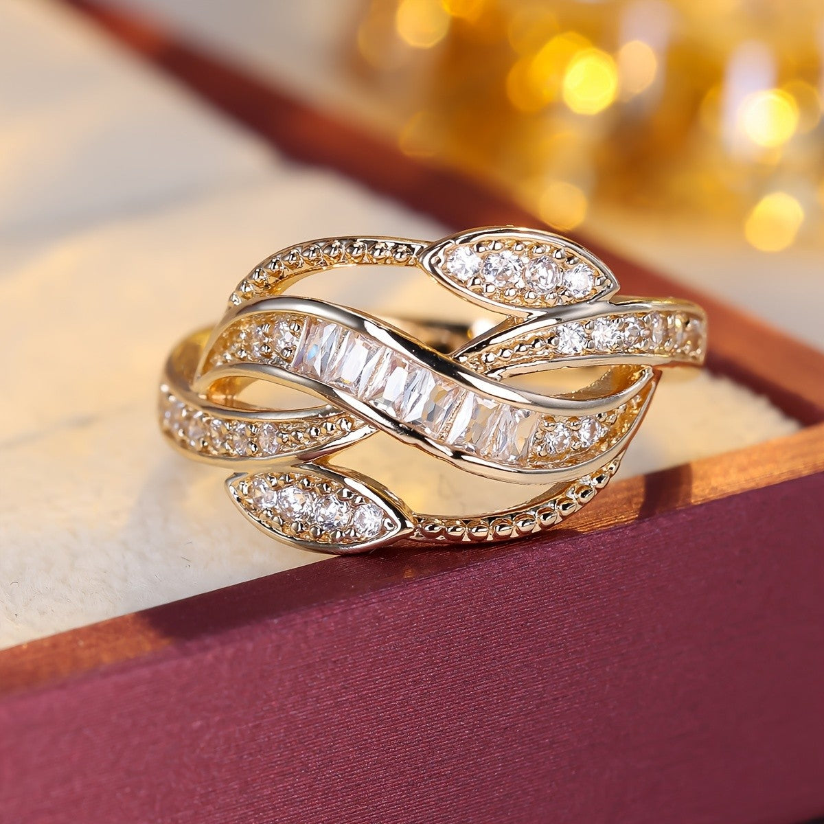Intertwined Leaf Crystal Ring