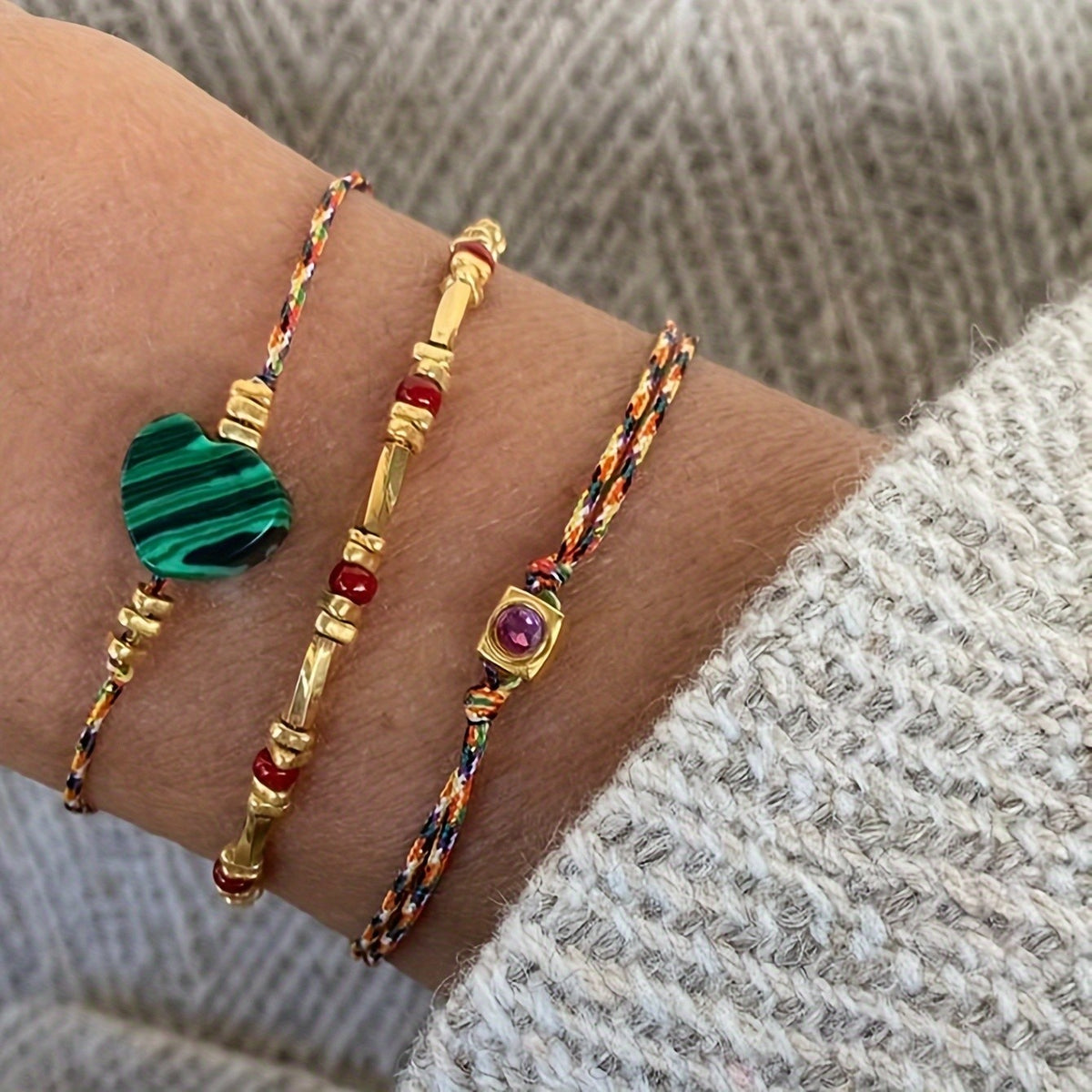 Malachite Heart & Gemstone Bracelet Set