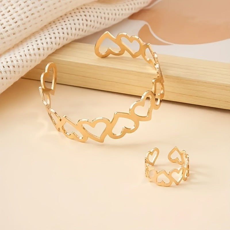 Continuous Heart Outline Bracelet & Ring Set