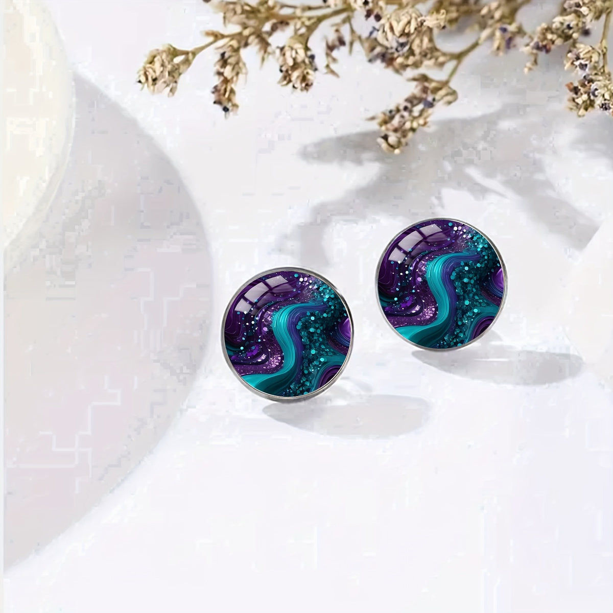 Teal and Purple Swirl Stud Earrings