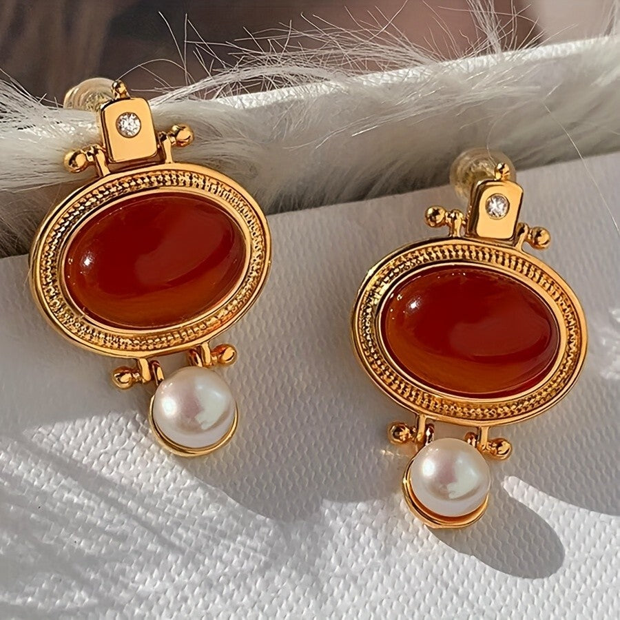 Red Oval Pearl Drop Earrings