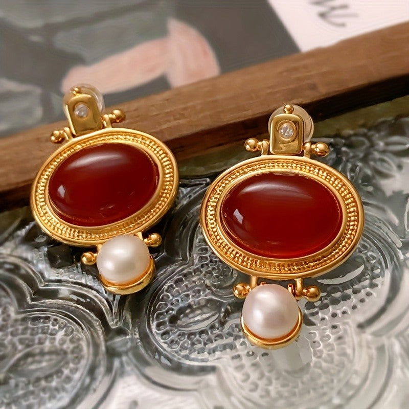 Red Oval Pearl Drop Earrings