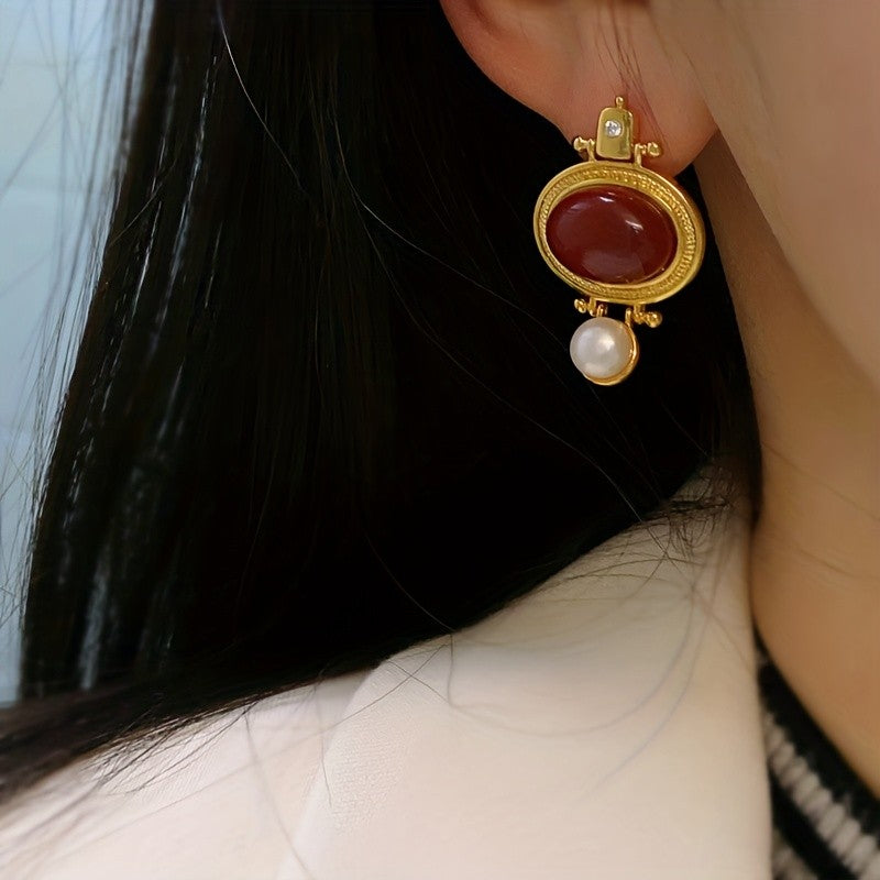 Red Oval Pearl Drop Earrings