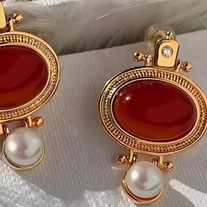 Red Oval Pearl Drop Earrings