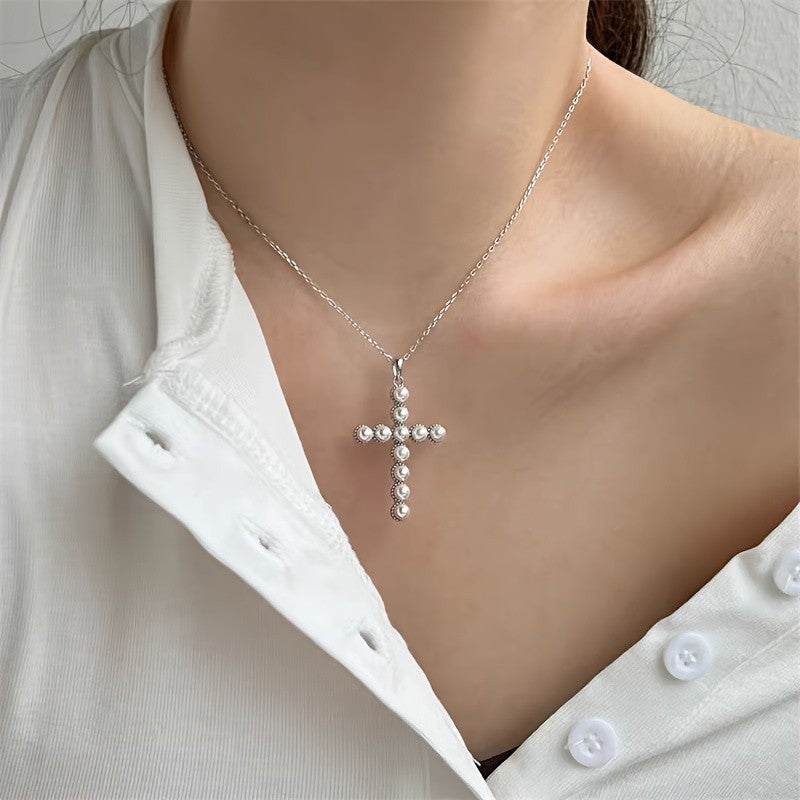 Faux Pearl Cross Necklace