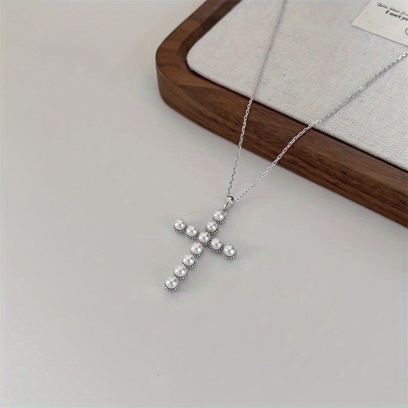 Faux Pearl Cross Necklace