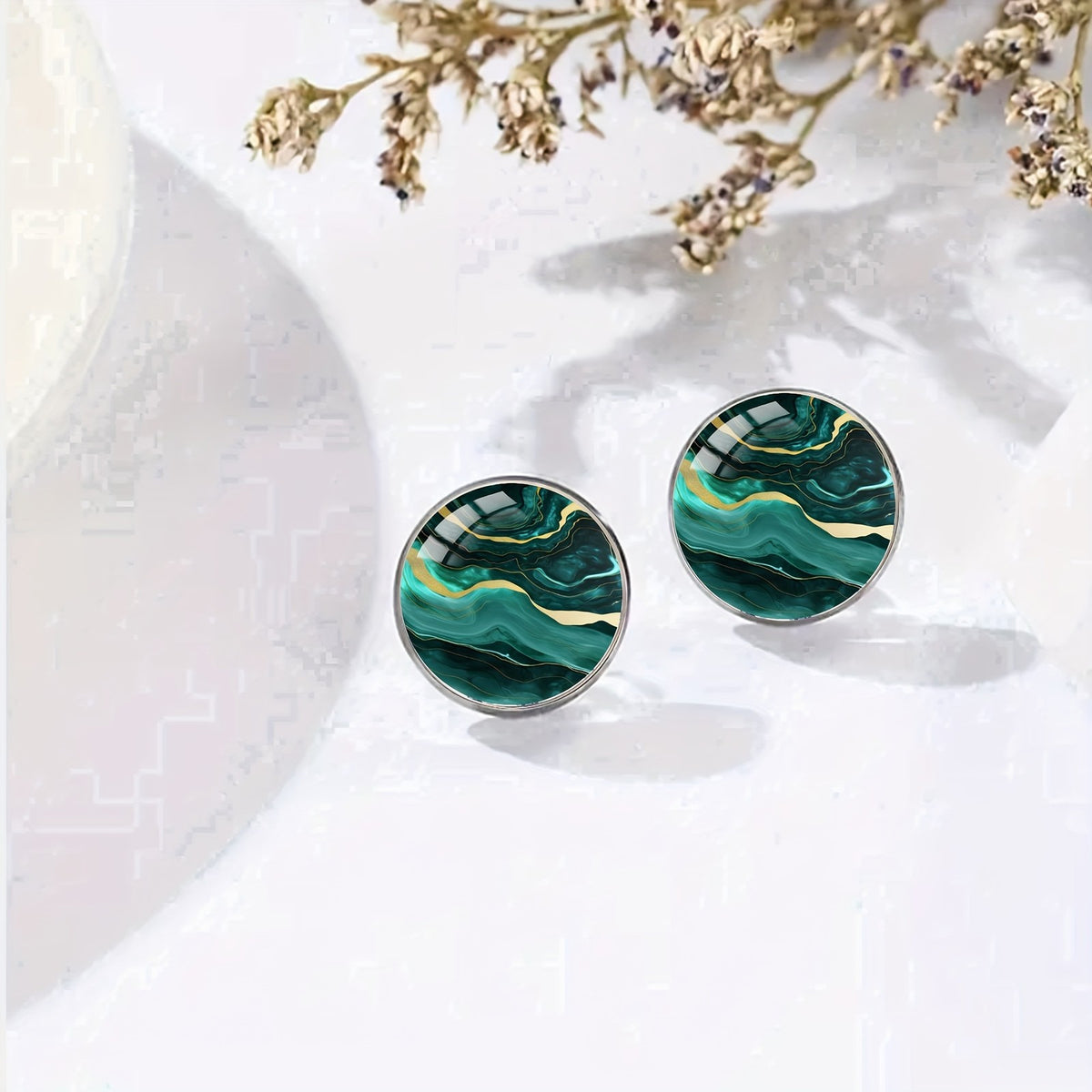 Green Marble Glass Stud Earrings