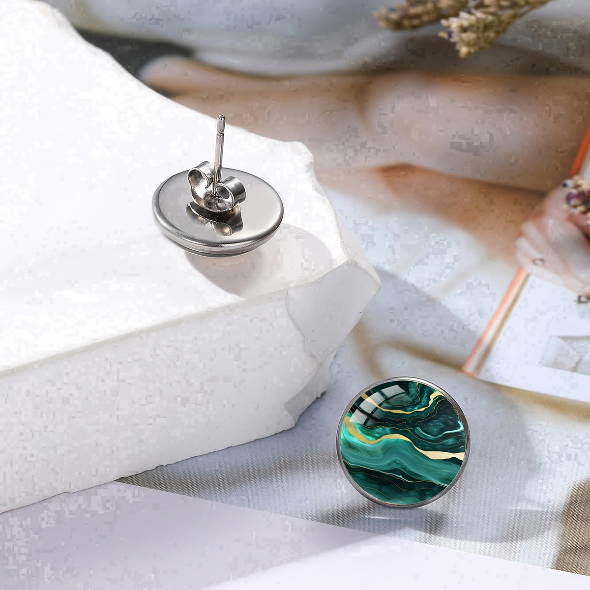 Green Marble Glass Stud Earrings