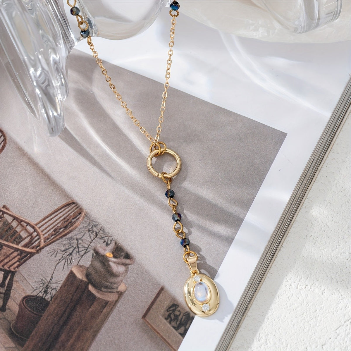 Oval Cabochon Y-Drop Necklace