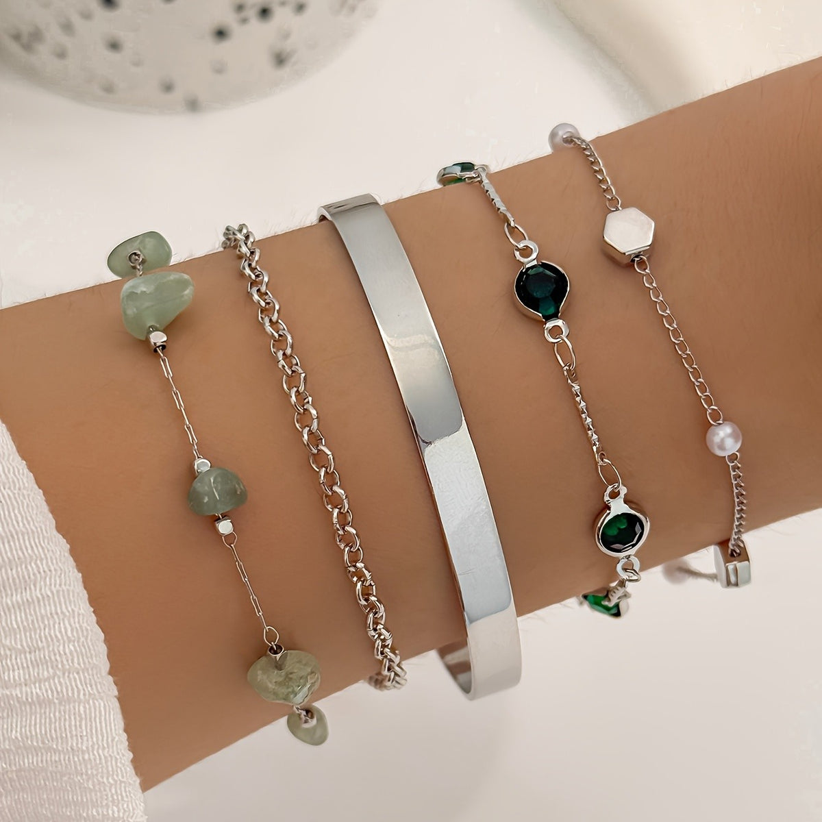 Green Stone & Pearl Bracelet Set