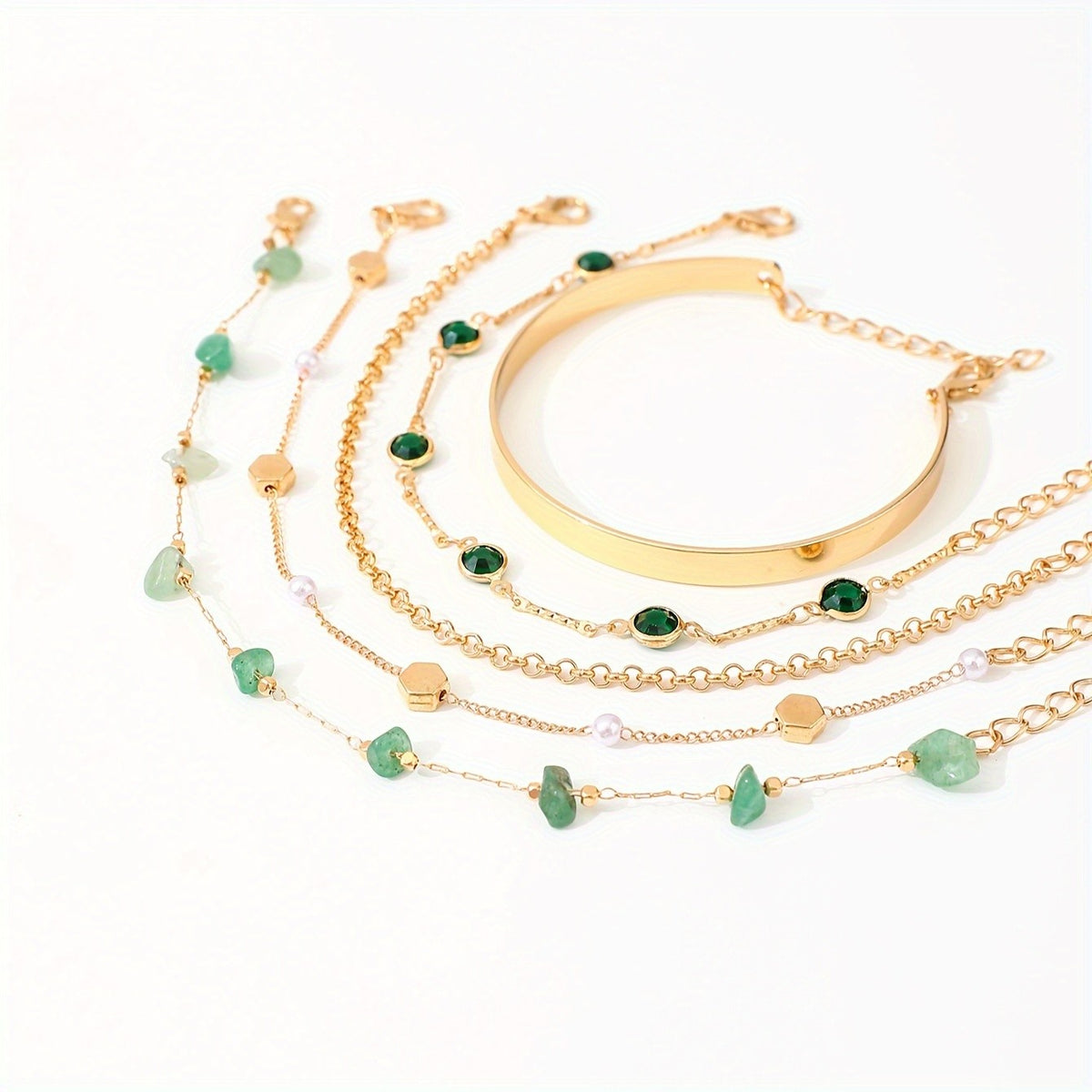 Green Stone & Pearl Bracelet Set