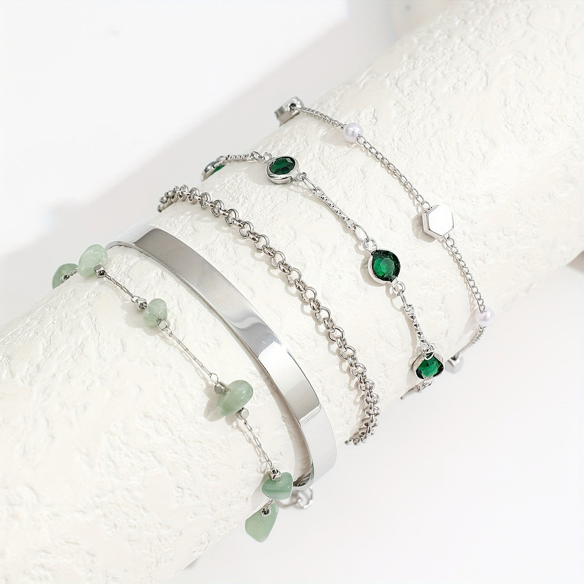 Green Stone & Pearl Bracelet Set
