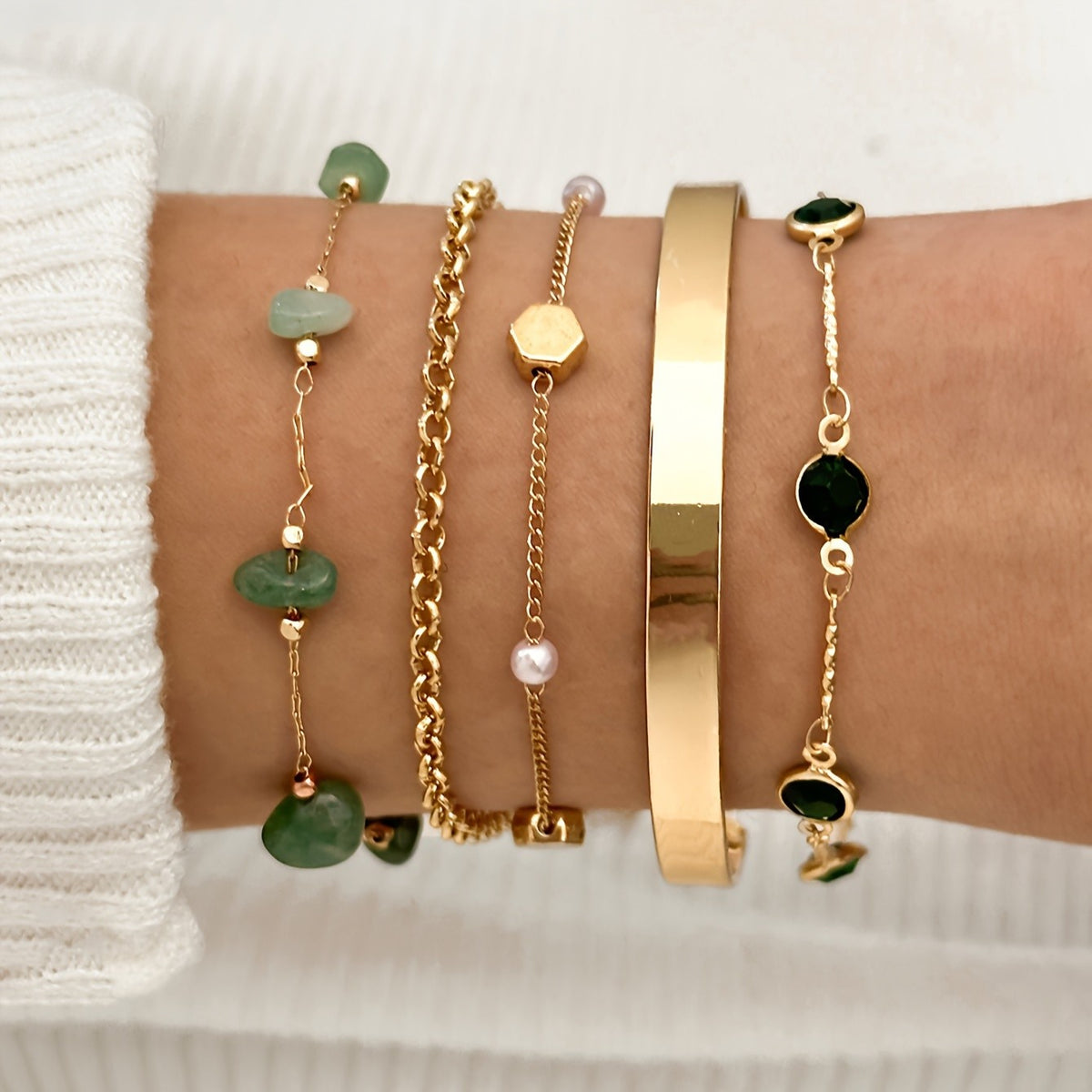 Green Stone & Pearl Bracelet Set