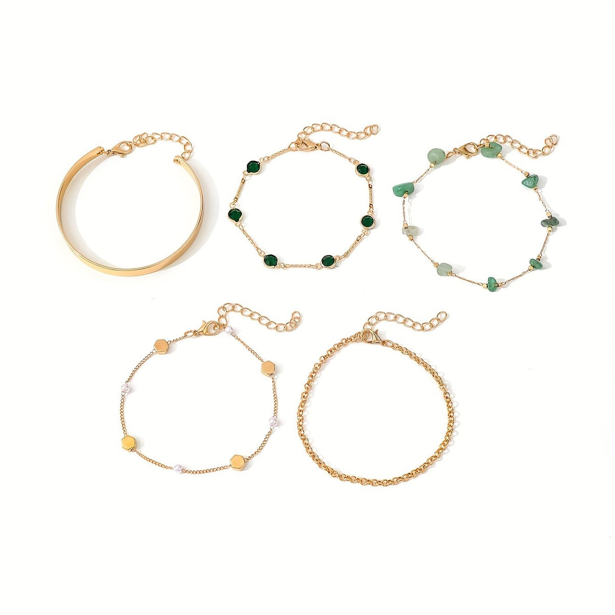 Green Stone & Pearl Bracelet Set