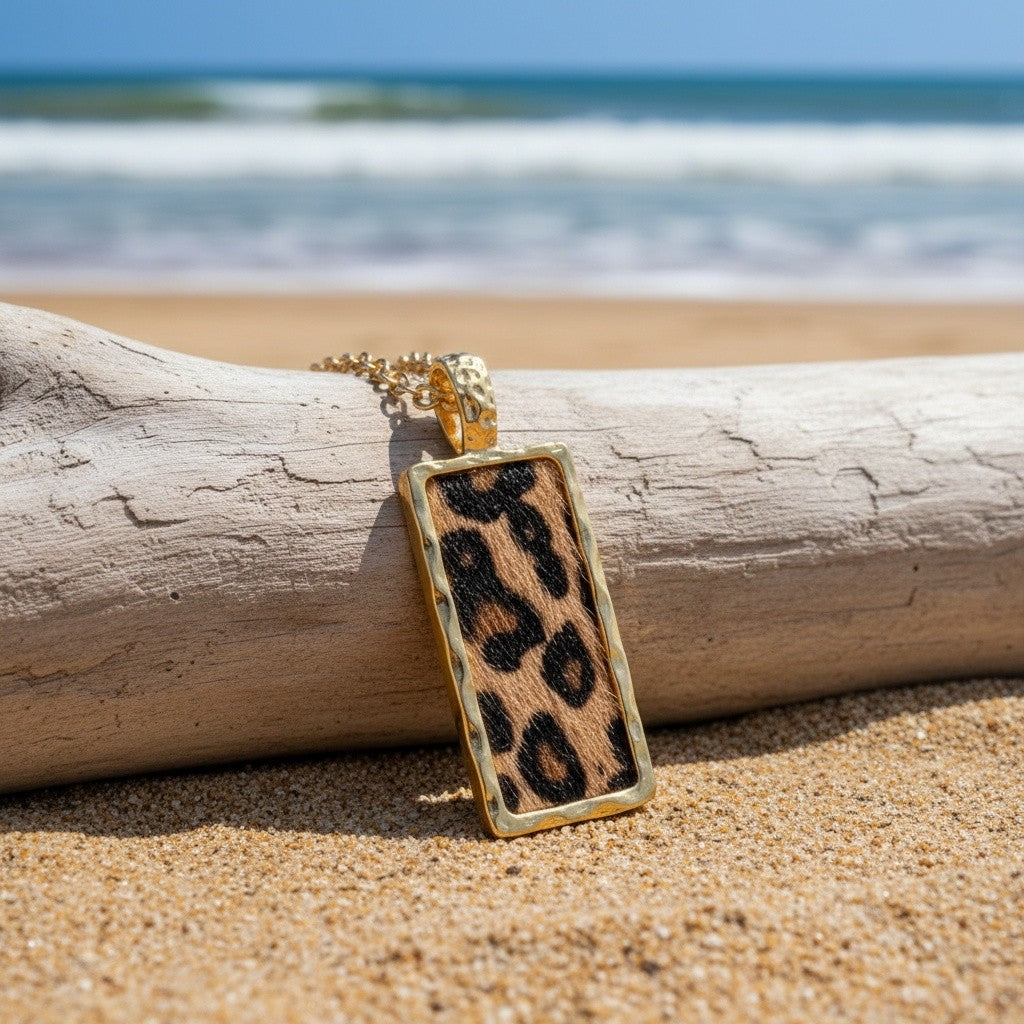 Leopard Print Rectangle Necklace 14k