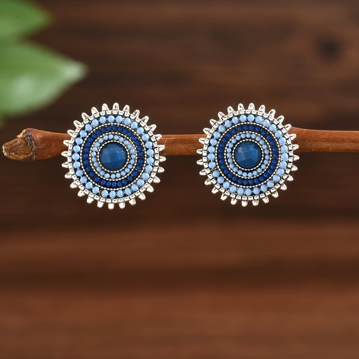 Blue Beaded Round Statement Earrings