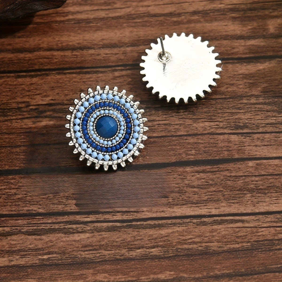 Blue Beaded Round Statement Earrings