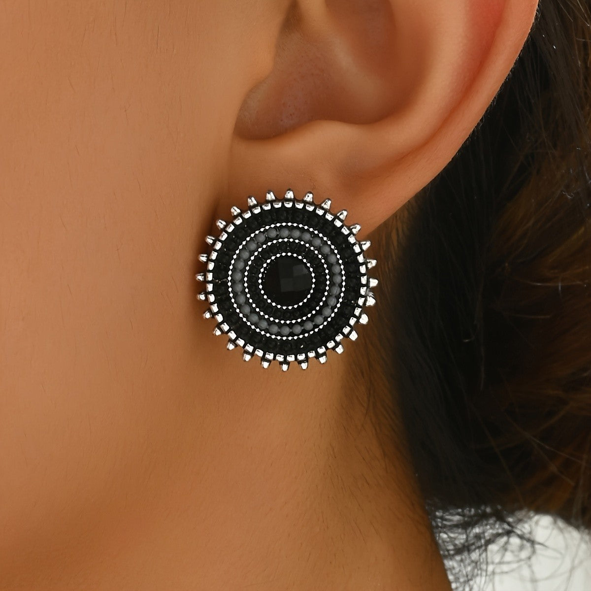 Blue Beaded Round Statement Earrings
