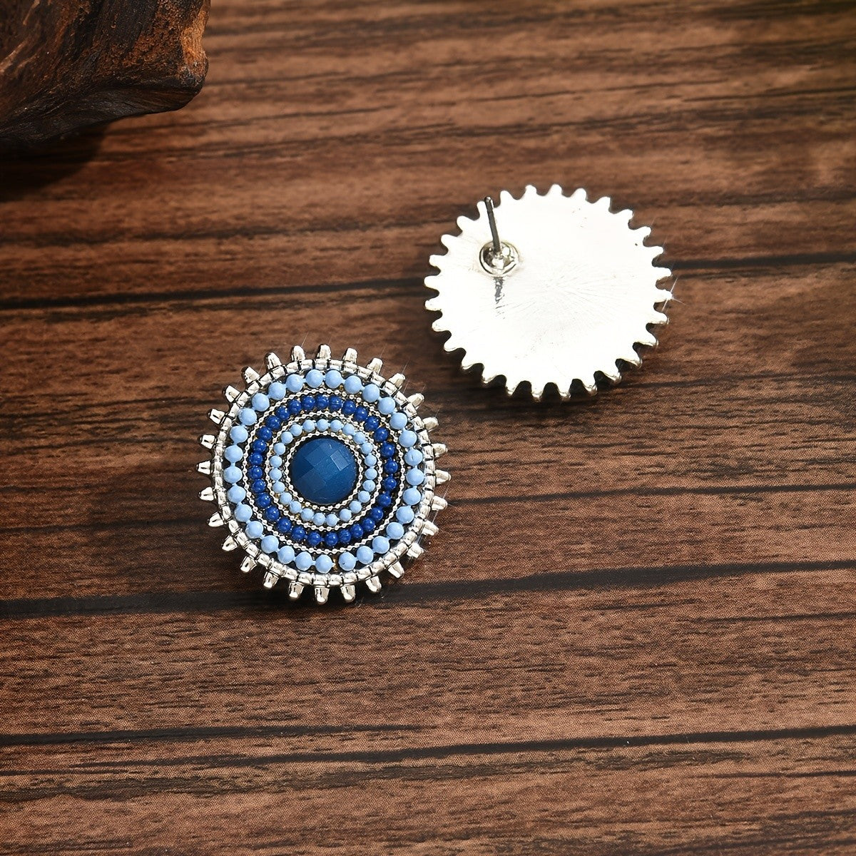 Blue Beaded Round Statement Earrings