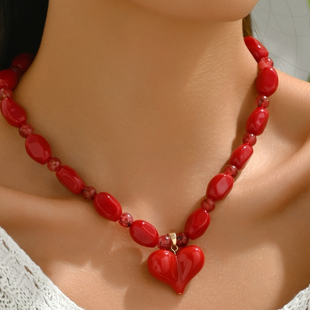 Red Glass Bead Heart Necklace