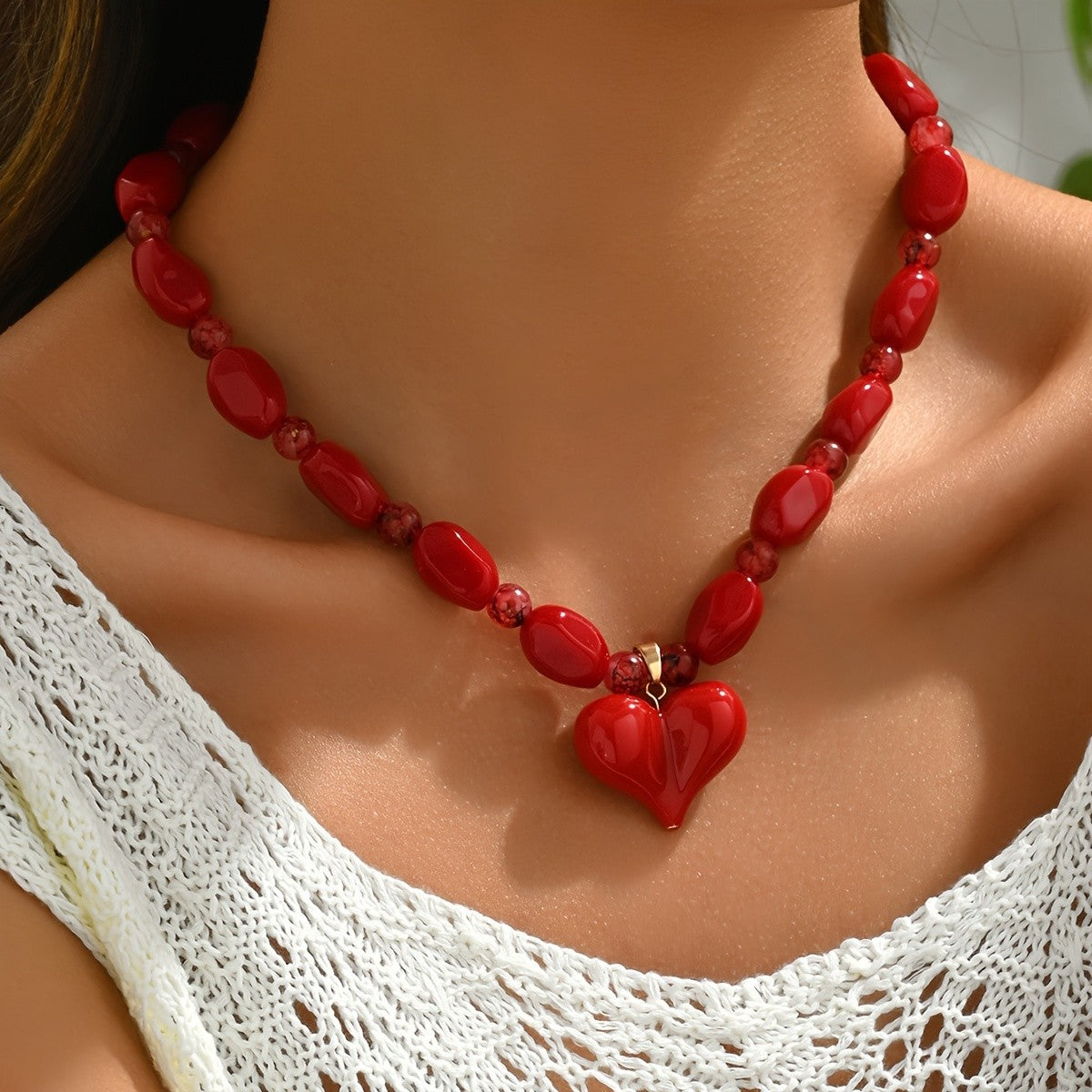 Red Glass Bead Heart Necklace