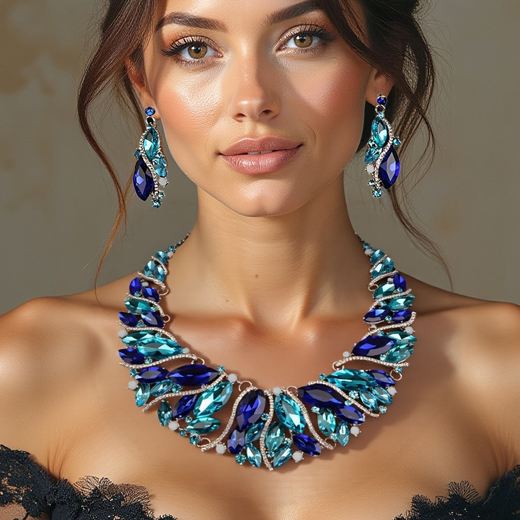 Blue Teal Crystal Leaf Necklace & Earring Set
