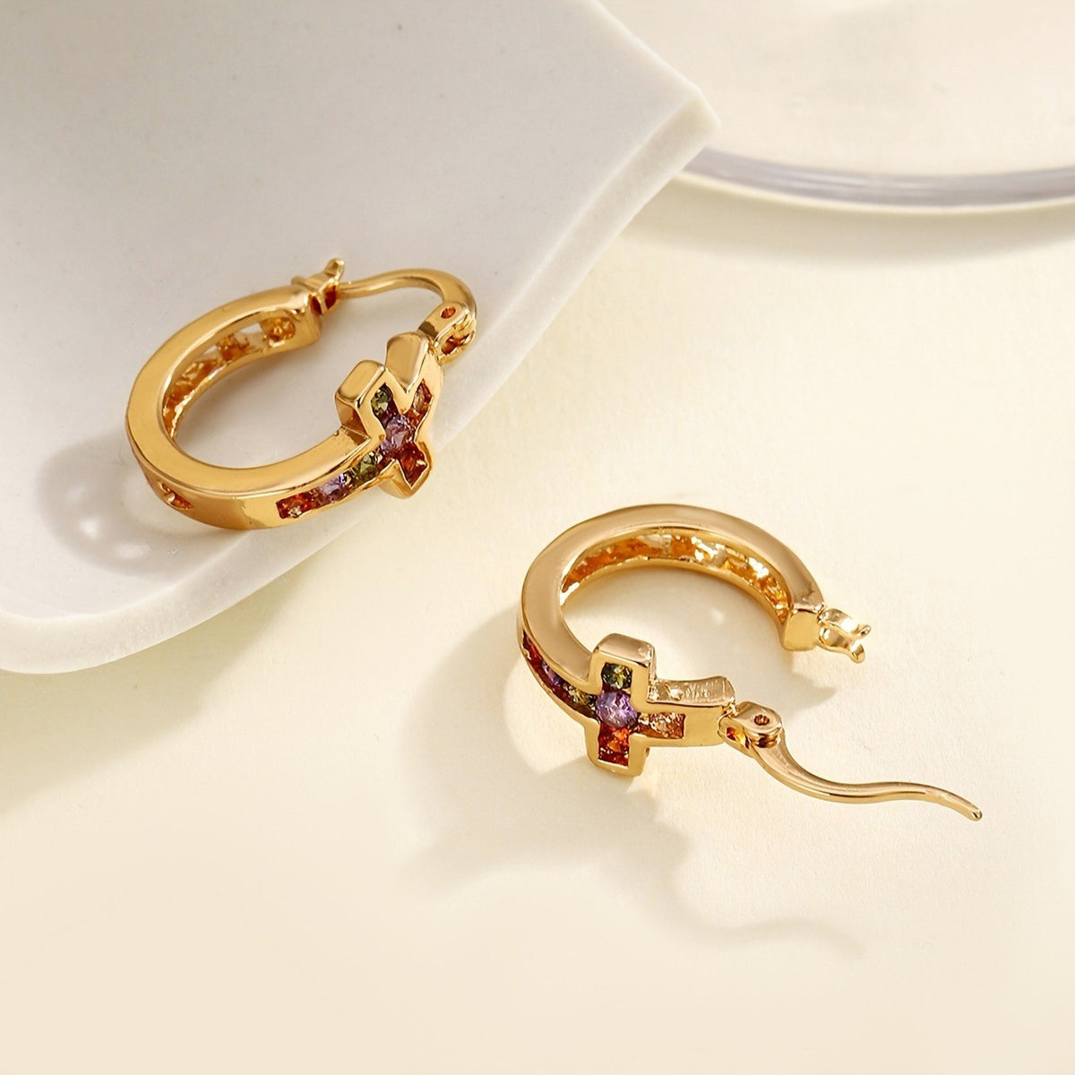 Multicolor Zircon Cross Hoop Earrings