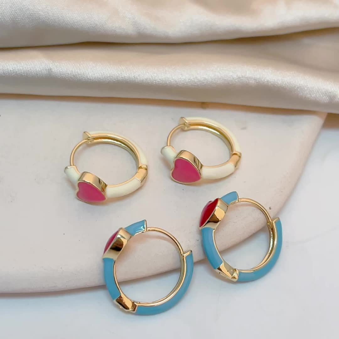 Enamel Heart Huggie Hoop Earrings