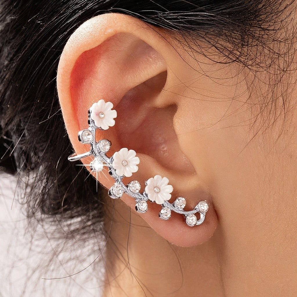 White Flower Crystal Ear Cuff
