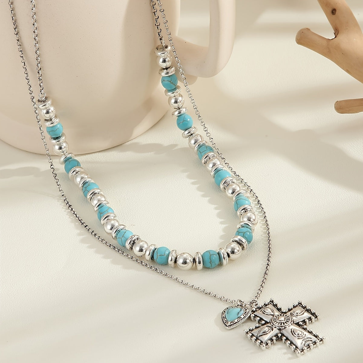 Turquoise Heart Cross Beaded Necklace