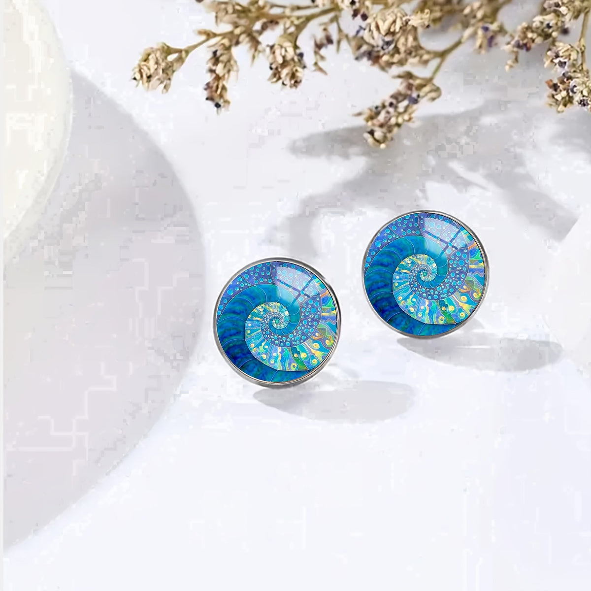 Blue Spiral Shell Stud Earrings