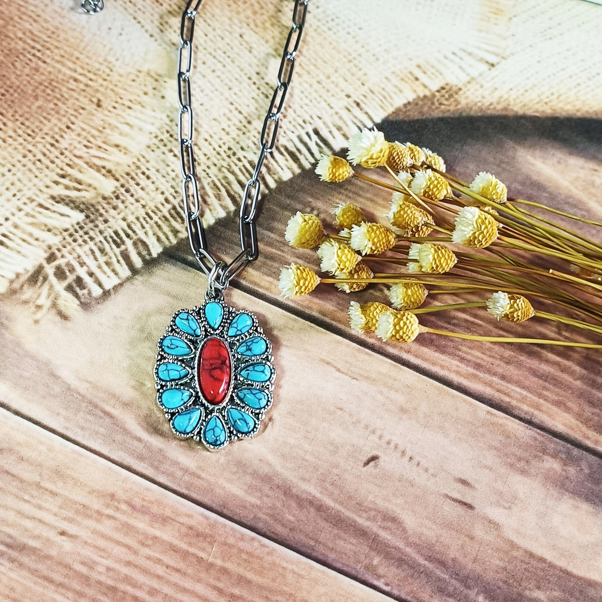 Red & Turquoise Oval Pendant Necklace